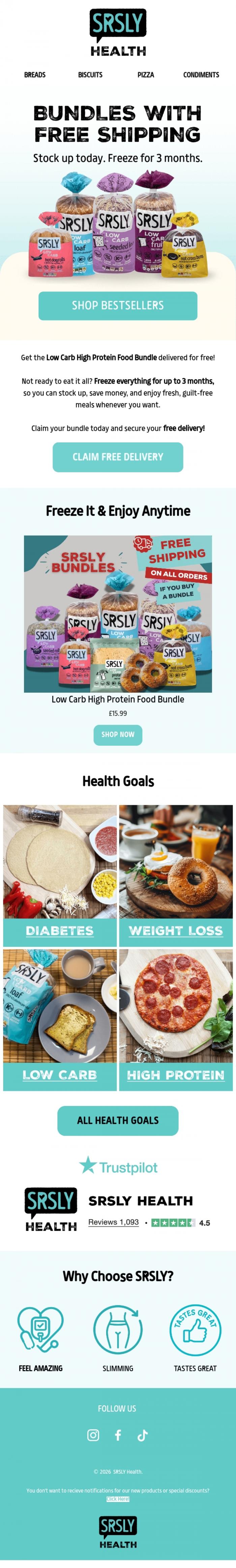 Email Design Inspiration from SRSLY Low Carb, Free Shipping + Bundle Smart