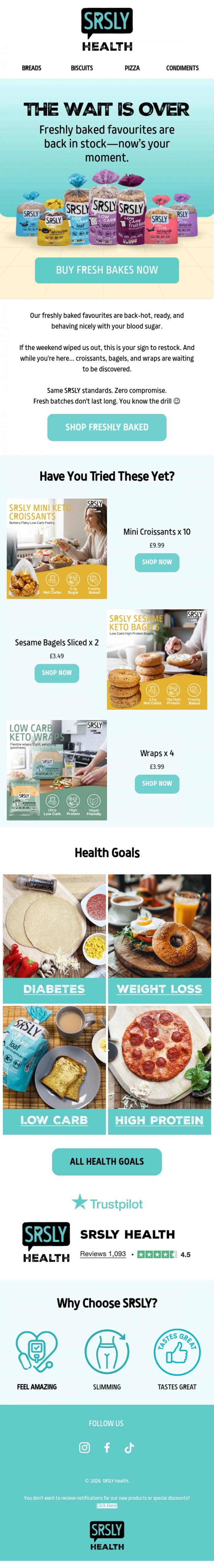 Email Design Inspiration from SRSLY Low Carb, Your Favourites, Freshly Baked