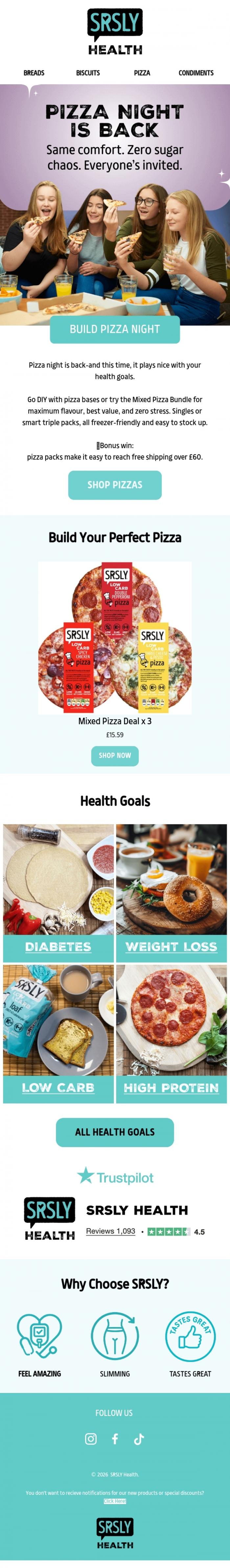 Email Design Inspiration from SRSLY Low Carb, Pizza Night Is Back 🍕