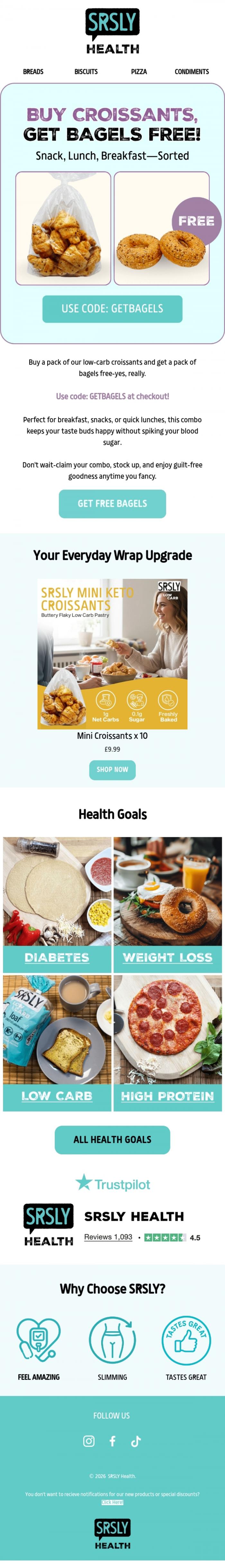 Email Design Inspiration from SRSLY Low Carb, Free Bagels? Yes Please!