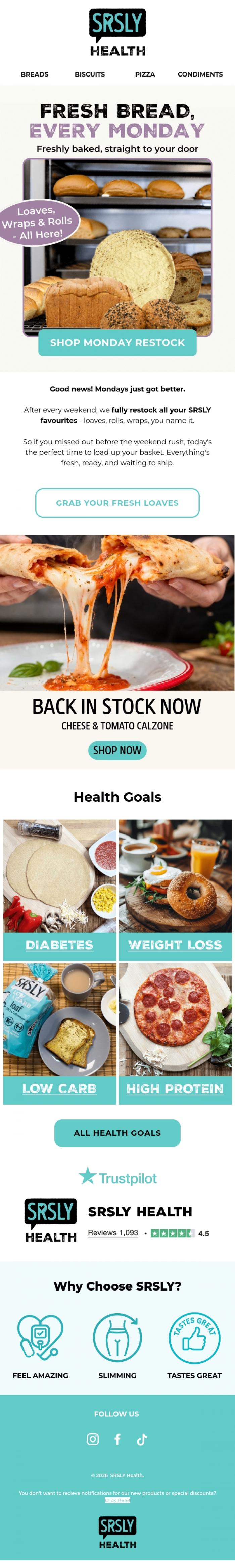 Email Design Inspiration from SRSLY Low Carb, Fresh Breads Await! Don't Miss Out!