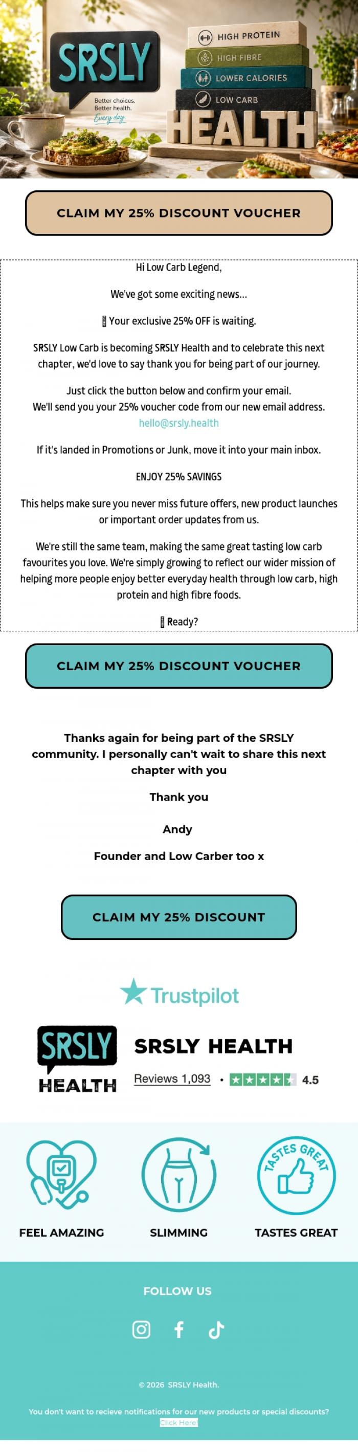 Email Design Inspiration from SRSLY Low Carb, Unlock Your 25% Thank You Discount Now!