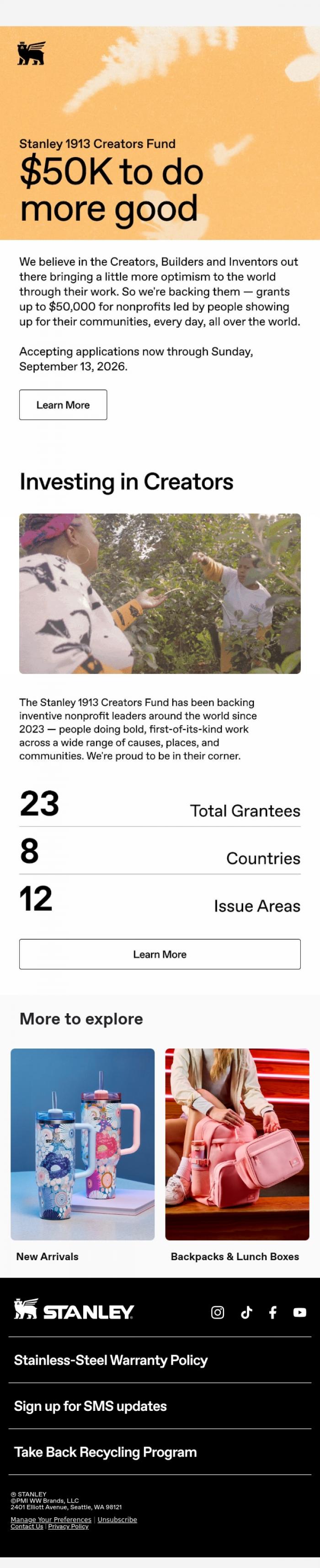 Email Design Inspiration from Stanley 1913, The Creators Fund Returns