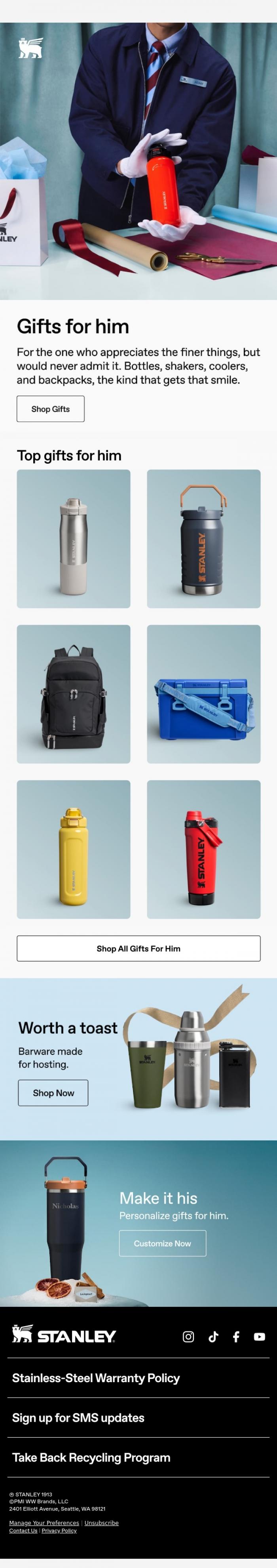 Email Design Inspiration from Stanley 1913, New Season. New Gifts For Him.