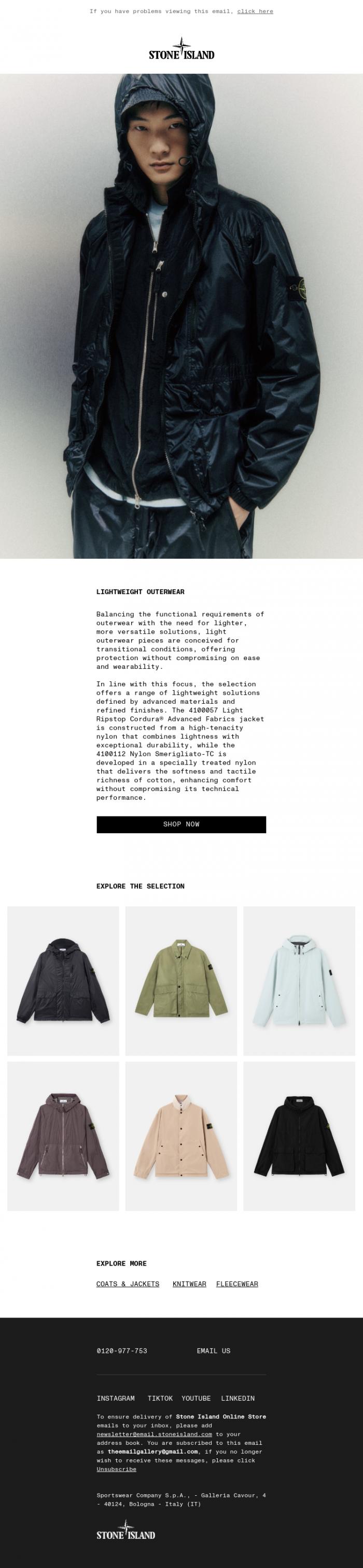 Email Design Inspiration from Stone Island, Lightweight Outerwear