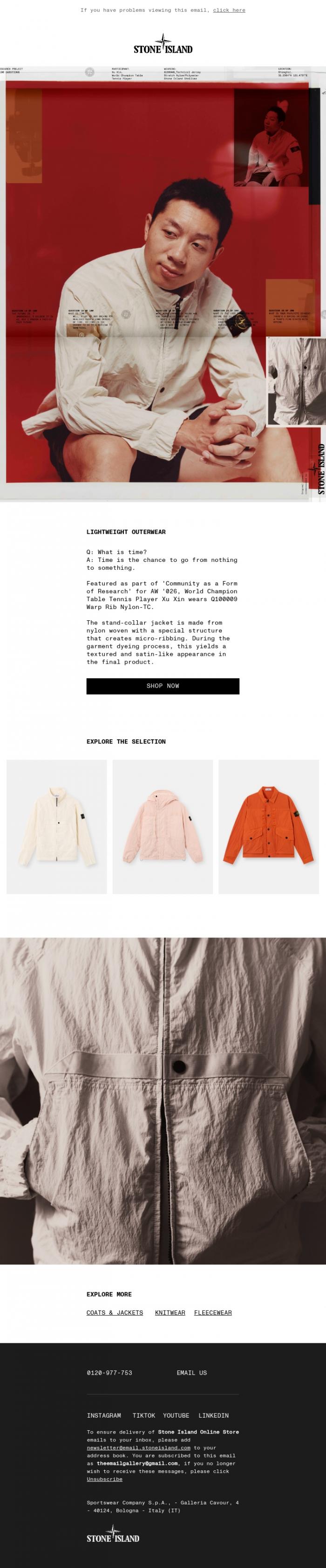 Email Design Inspiration from Stone Island, New Season: Lightweight Outerwear
