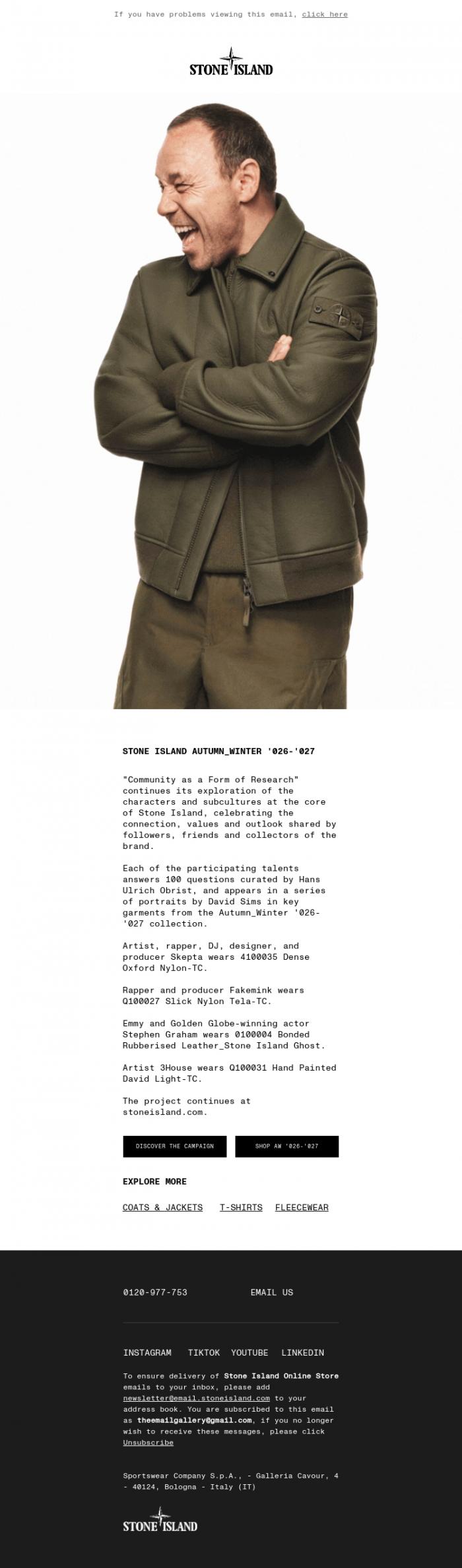 Email Design Inspiration from Stone Island, Autumn_Winter '026-'027 Featuring Skepta, Fakemink, Stephen Graham, and 3House