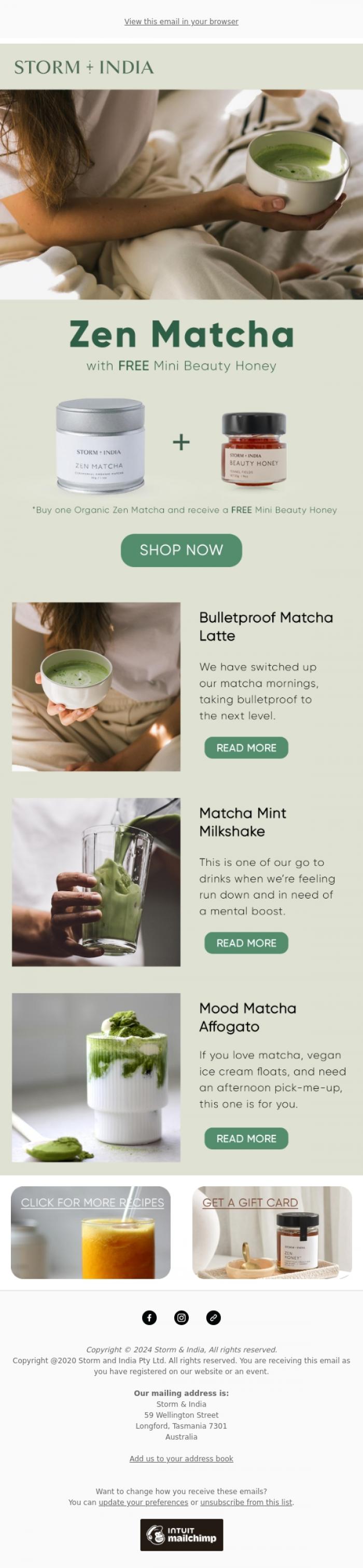 Email Design Inspiration from Storm and India, Free Mini Beauty Honey with Zen Matcha Orders