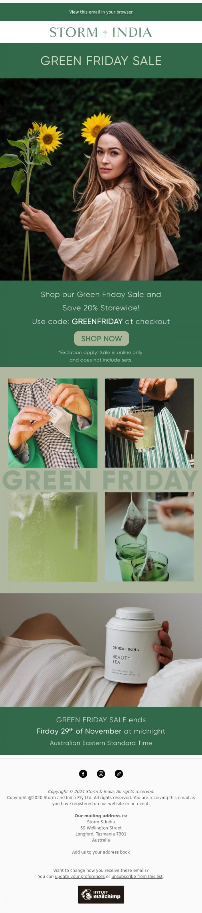 Email Design Inspiration from Storm and India, Green Friday Deals for Tea Lovers: Organic Matcha, Detox Teas & More!