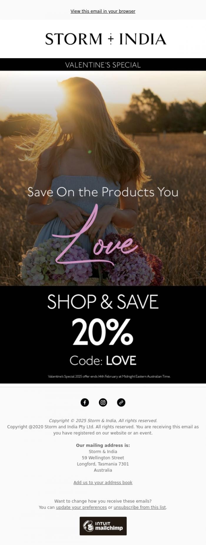 Email Design Inspiration from Storm and India, Shop & Save 20% This Valentine's!