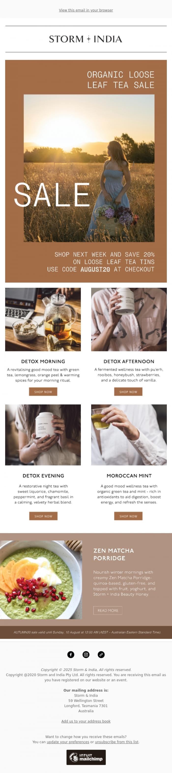 Email Design Inspiration from Storm and India, Your Favourite Organic Loose Leaf Tea - Now on Sale!