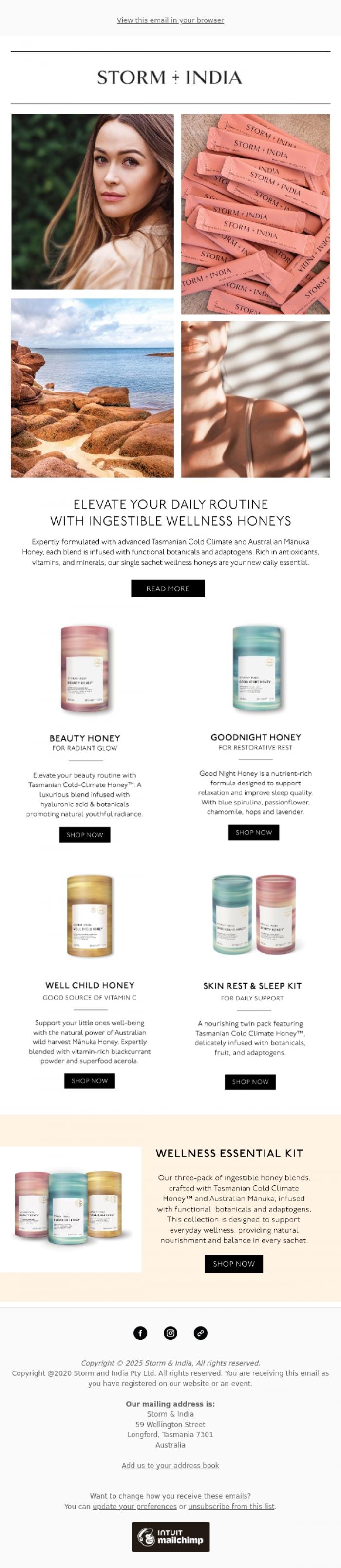 Email Design Inspiration from Storm and India, Boosted honey. Ingestible wellness. One simple sachet
