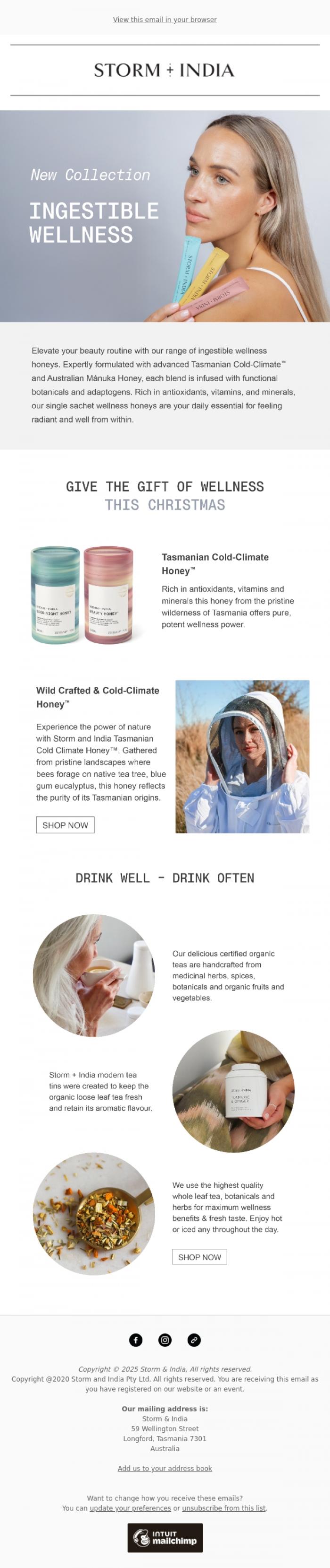 Email Design Inspiration from Storm and India, Gift wellness this Christmas
