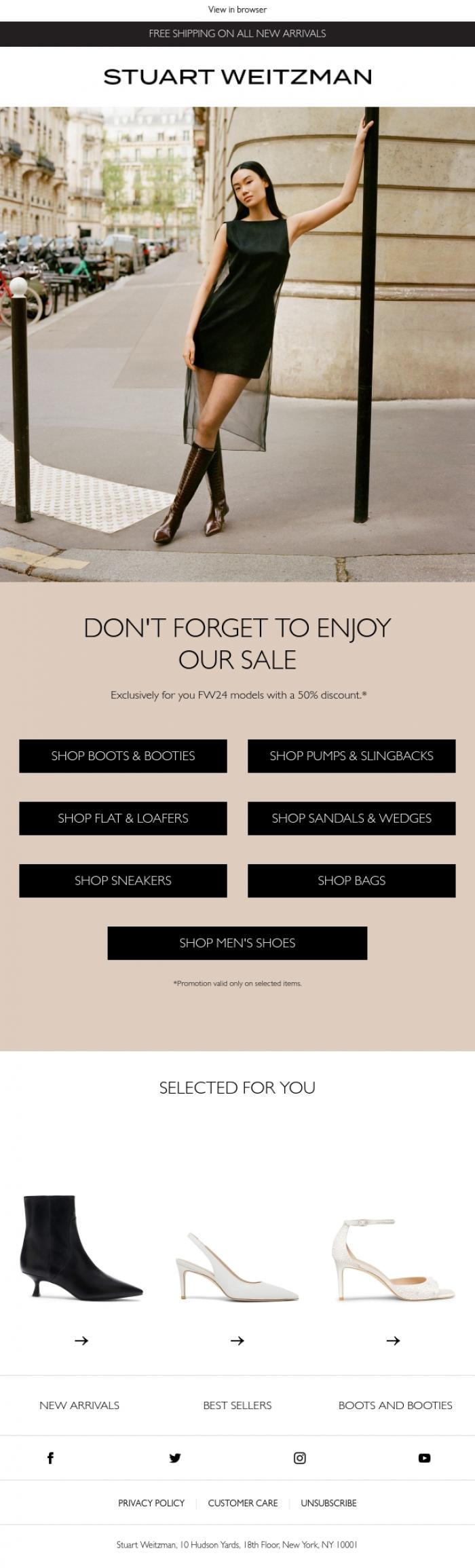 Email Design Inspiration from Stuart Weitzman Europe, Sale continues: 50% off!