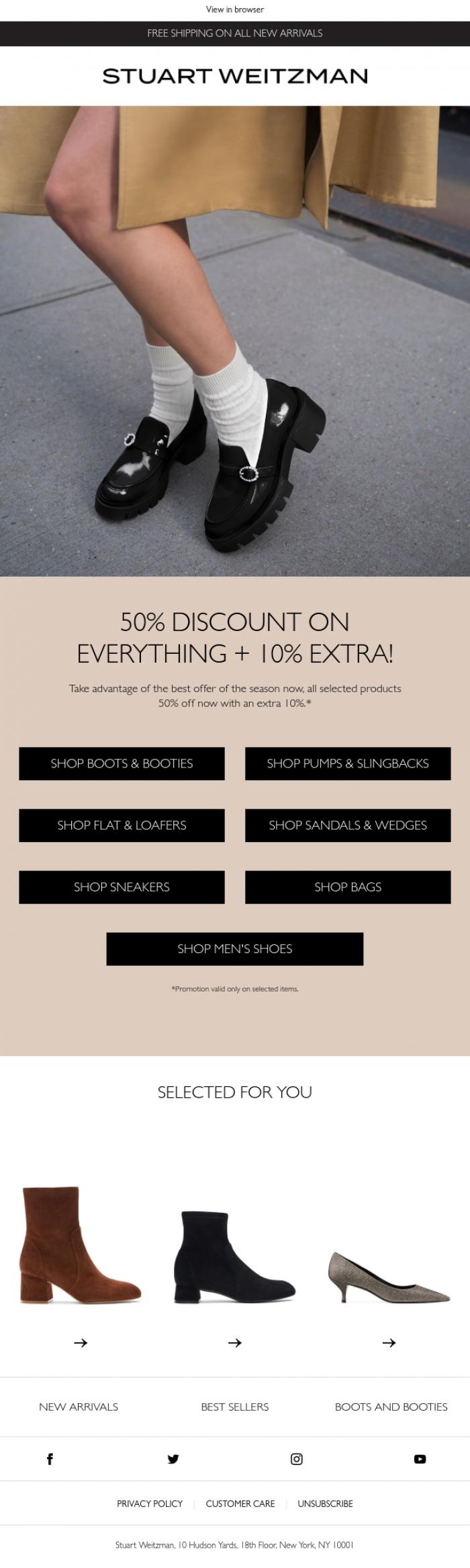 Email Design Inspiration from Stuart Weitzman Europe, Sale Styles: 50% + extra 10% from now