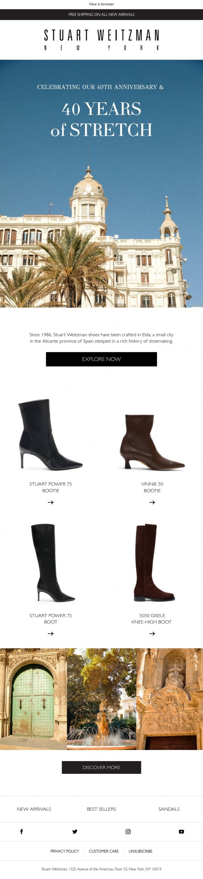 Email Design Inspiration from Stuart Weitzman Europe, 40 Years of Stretch: Explore Our Spanish Craftsmanship