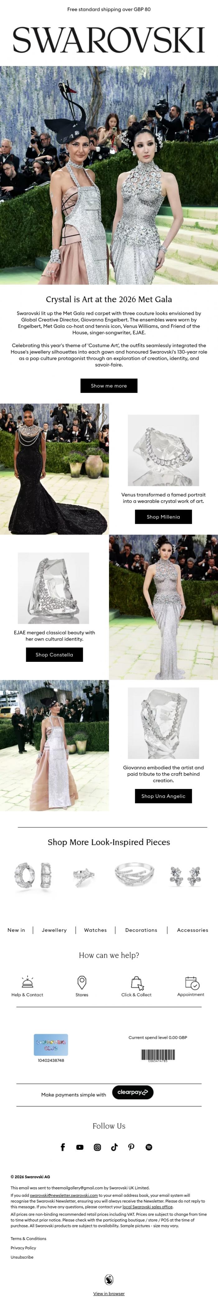 Email Design Inspiration from Swarovski, Met Gala: Swarovski celebrates crystal as art