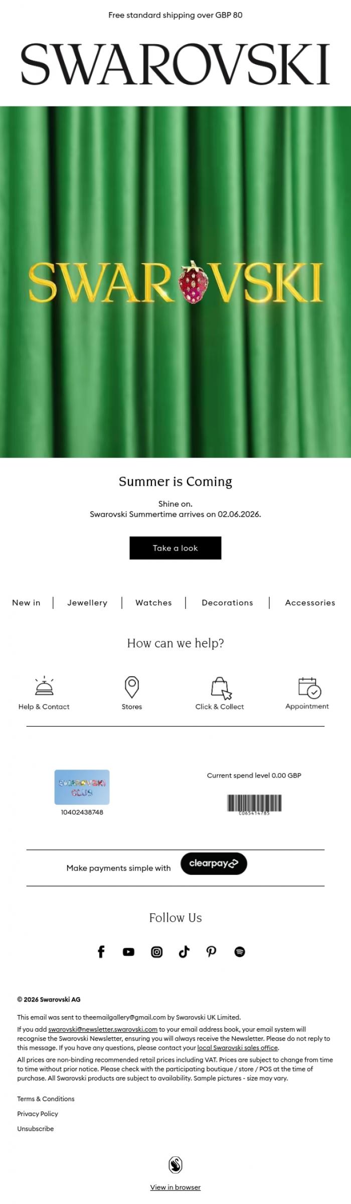 Email Design Inspiration from Swarovski, Summer 2026 coming soon