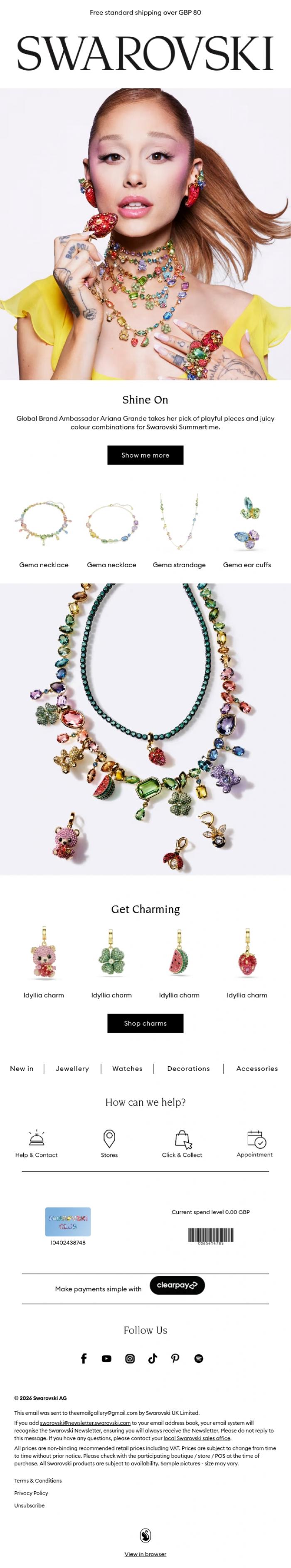 Email Design Inspiration from Swarovski, Ariana Grande shines for Swarovski Summertime