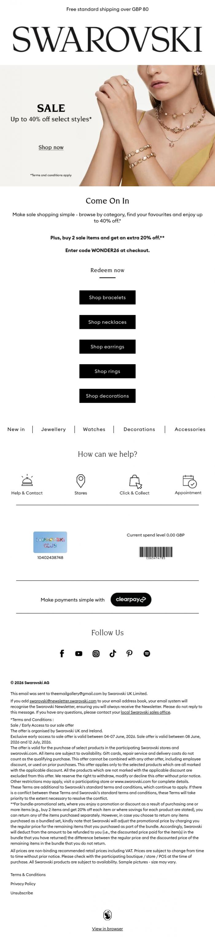 Email Design Inspiration from Swarovski, Sale shopping made easy