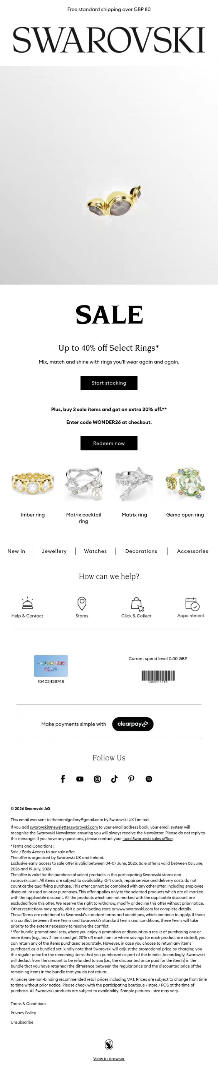 Email Design Inspiration from Swarovski, Shop up to 40% off select rings*