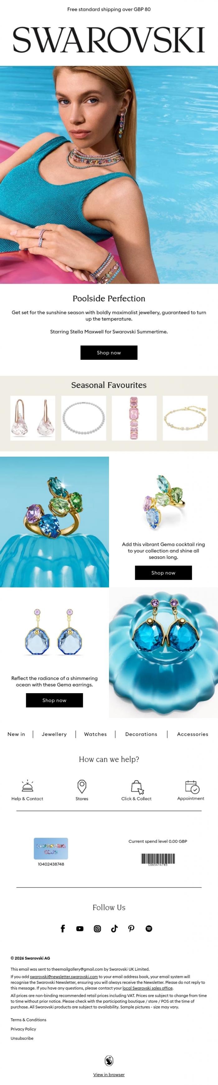Email Design Inspiration from Swarovski, Jewellery for poolside perfection
