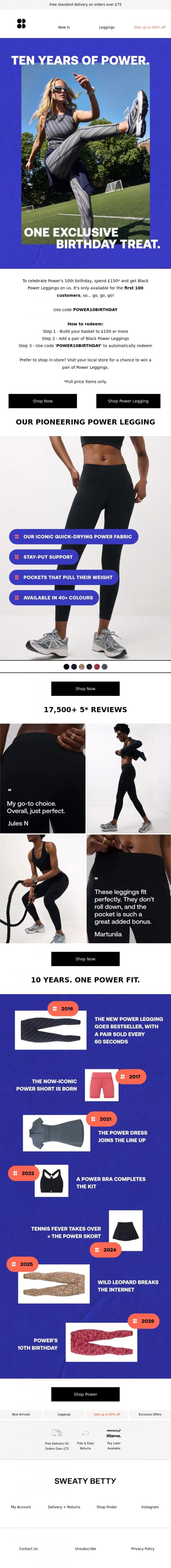 Email Design Inspiration from Sweaty Betty, Ten years of Power. One exclusive birthday treat.