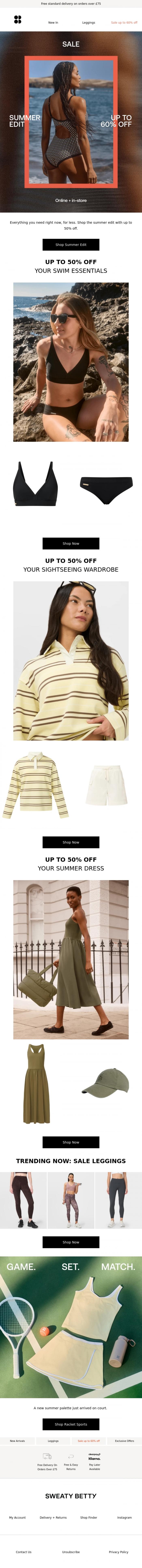 Email Design Inspiration from Sweaty Betty, Up to 60% off your summer wardrobe ☀️