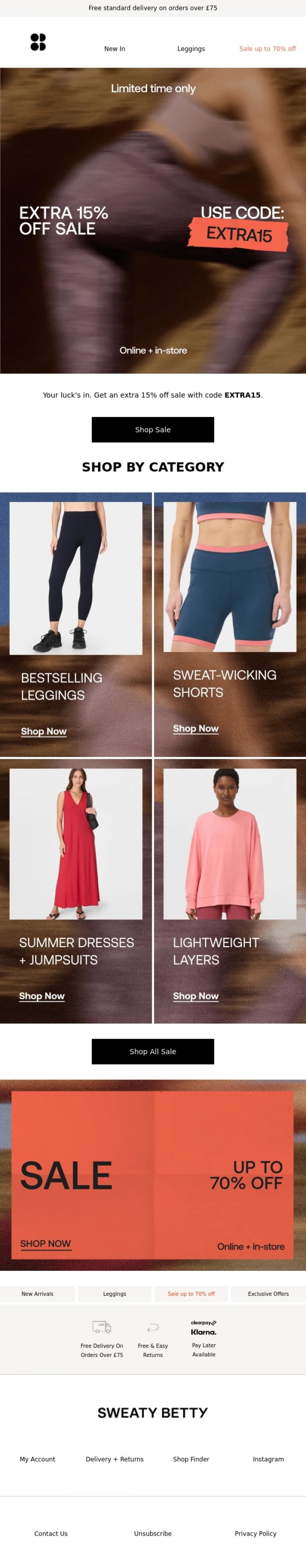 Email Design Inspiration from Sweaty Betty, Now live: Extra 15% off sale 🚨