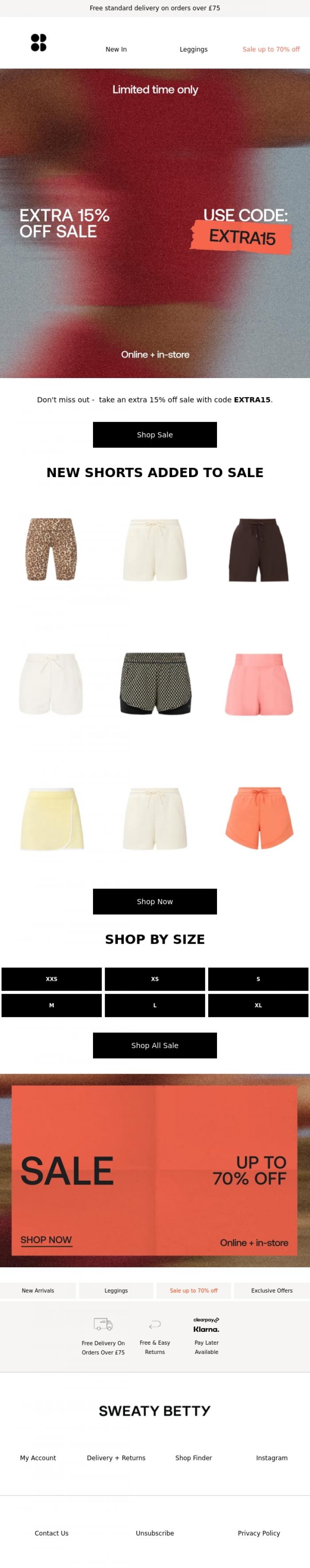 Email Design Inspiration from Sweaty Betty, Reminder: EXTRA 15% off sale