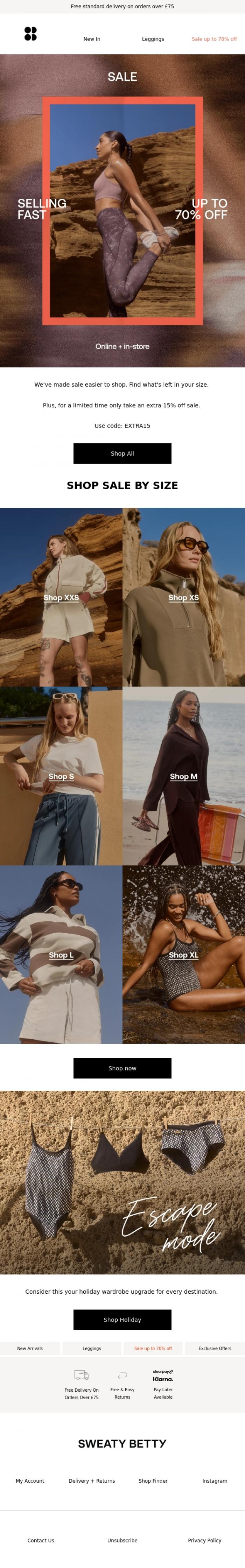 Email Design Inspiration from Sweaty Betty, Your size 🤝 Extra 15% off