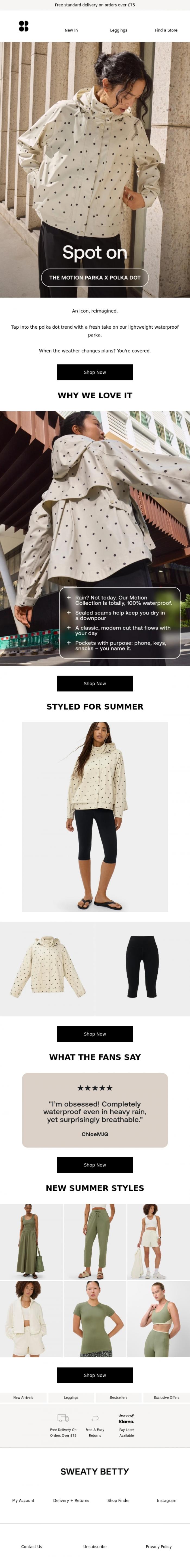 Email Design Inspiration from Sweaty Betty, Back in stock: Motion Parka X Polka Dot