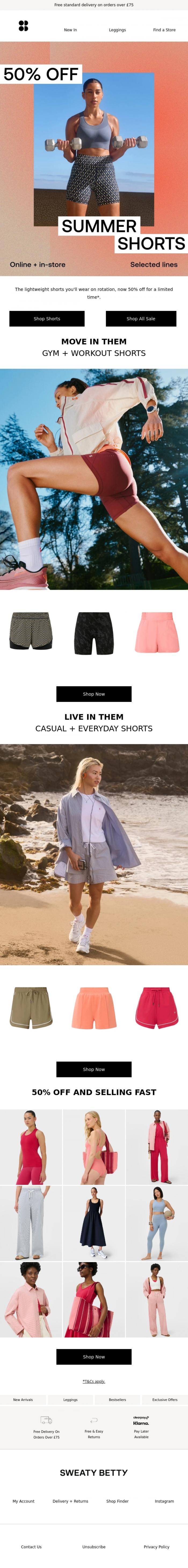 Email Design Inspiration from Sweaty Betty, 50% off summer shorts. But not for long. ⏰