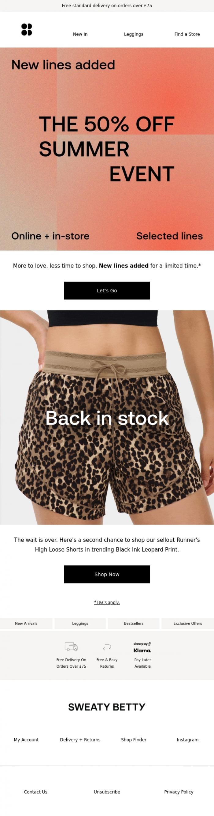 Email Design Inspiration from Sweaty Betty, New lines added: 50% off Summer Event