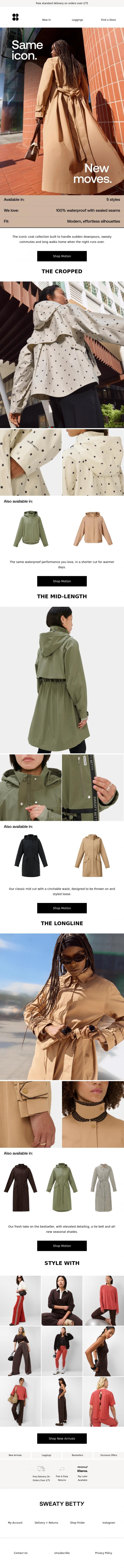 Email Design Inspiration from Sweaty Betty, Rain on the horizon. Motion at the ready 🌦️