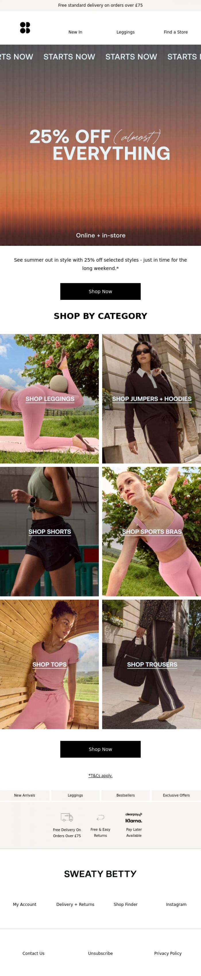 Email Design Inspiration from Sweaty Betty, Summer send-off: 25% off (almost) everything