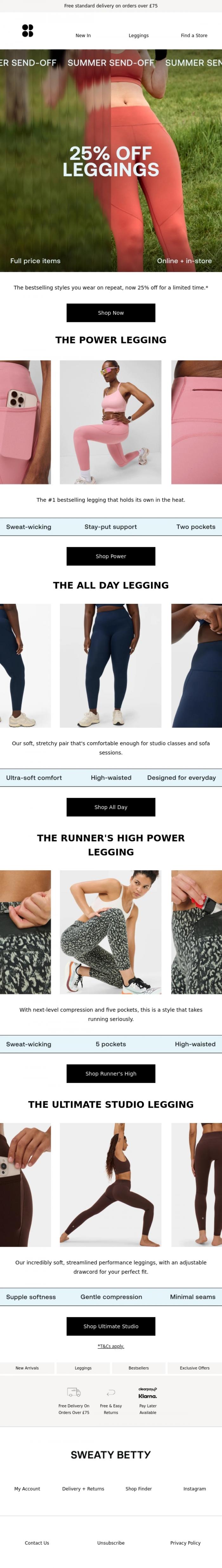 Email Design Inspiration from Sweaty Betty, 25% off your perfect leggings