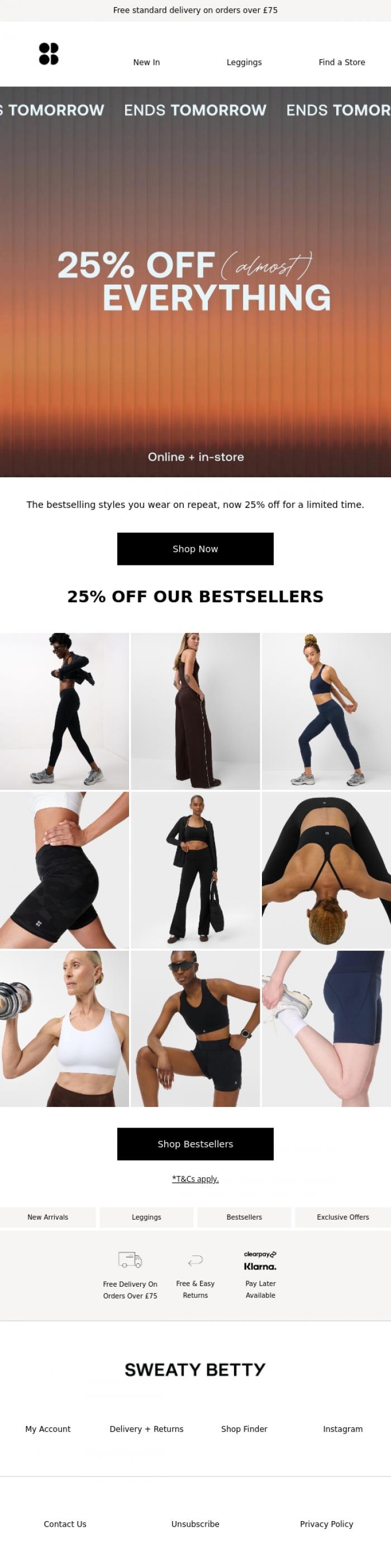 Email Design Inspiration from Sweaty Betty, Ending tomorrow: 25% off (almost) everything