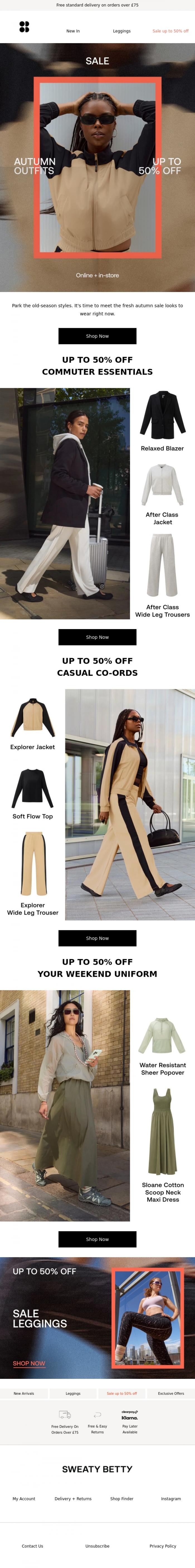 Email Design Inspiration from Sweaty Betty, Up to 50% off autumn arrivals