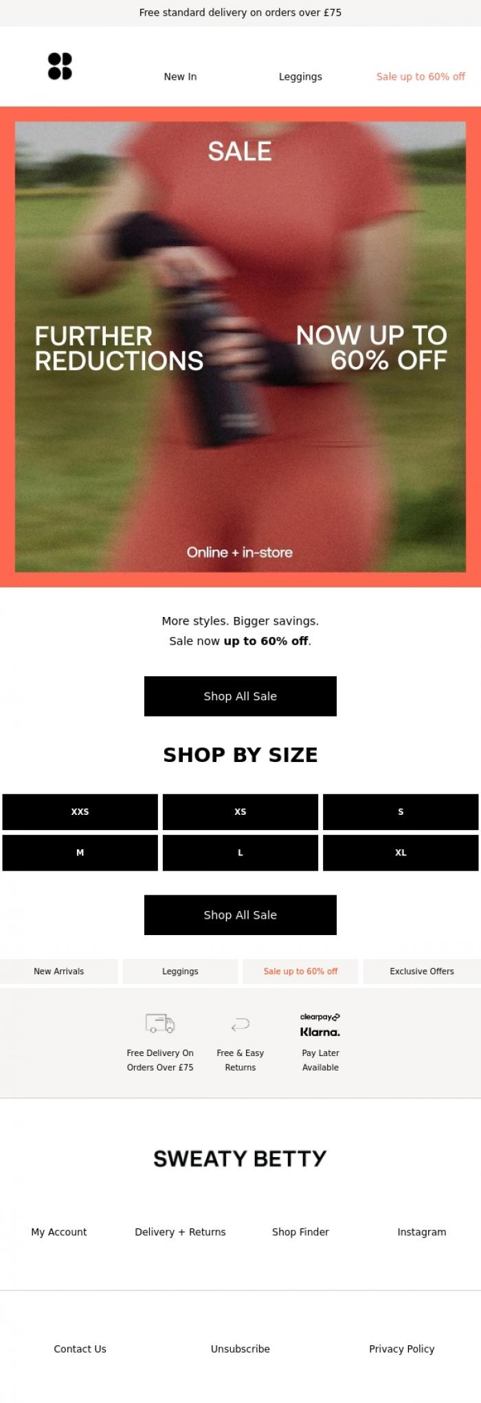 Email Design Inspiration from Sweaty Betty, FURTHER REDUCTIONS: now up to 60% off