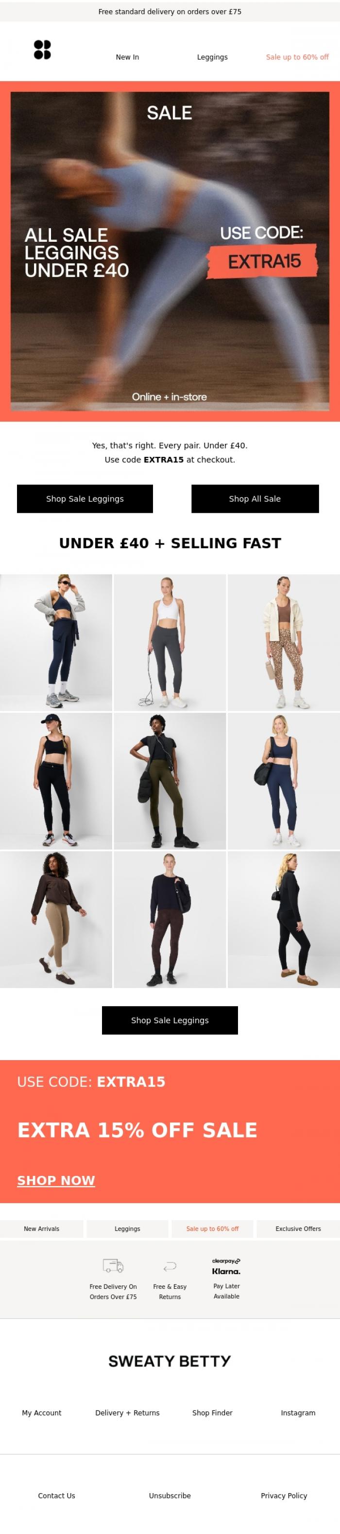 Email Design Inspiration from Sweaty Betty, All sale leggings. Under &pound;40.