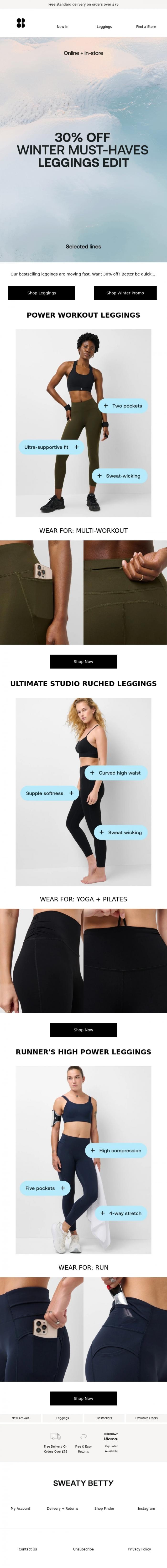 Email Design Inspiration from Sweaty Betty, Leggings now 30% off