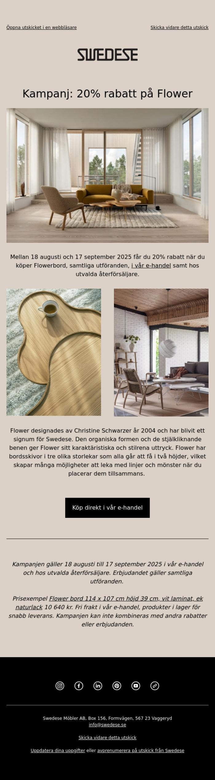 Email Design Inspiration from Swedese, Kampanj: 20% p&aring; Flower