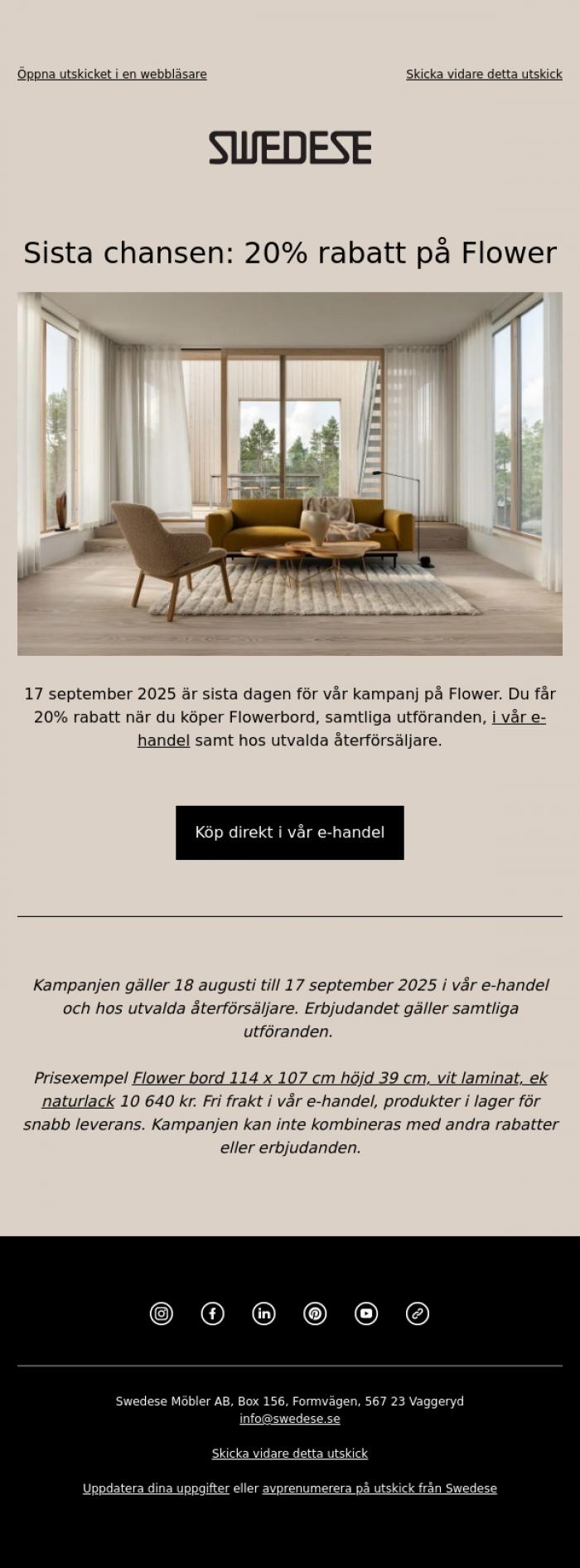 Email Design Inspiration from Swedese, Sista chansen: 20% p&aring; Flower