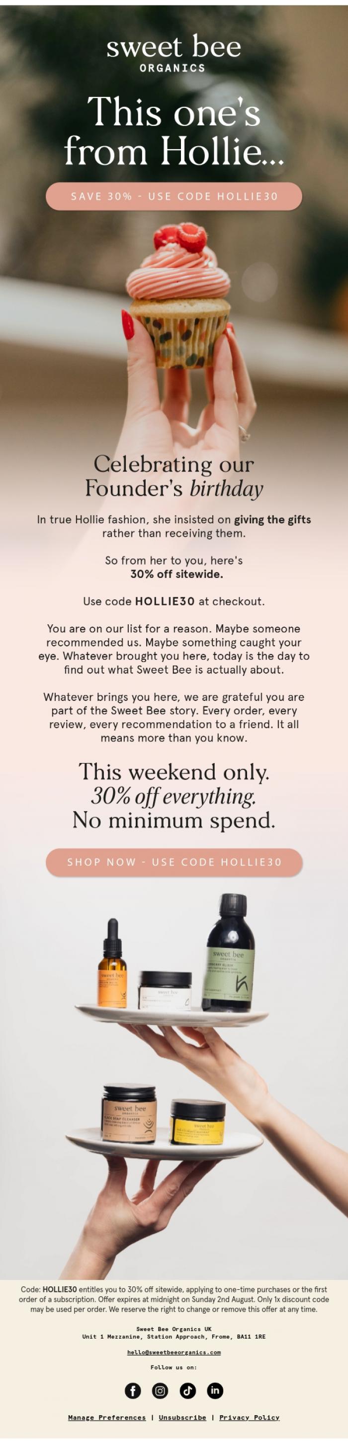 Email Design Inspiration from Sweet Bee Organics, A birthday gift from our Founder