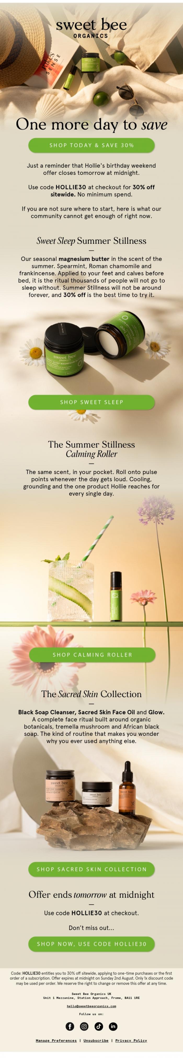 Email Design Inspiration from Sweet Bee Organics, 30% off ends midnight tomorrow