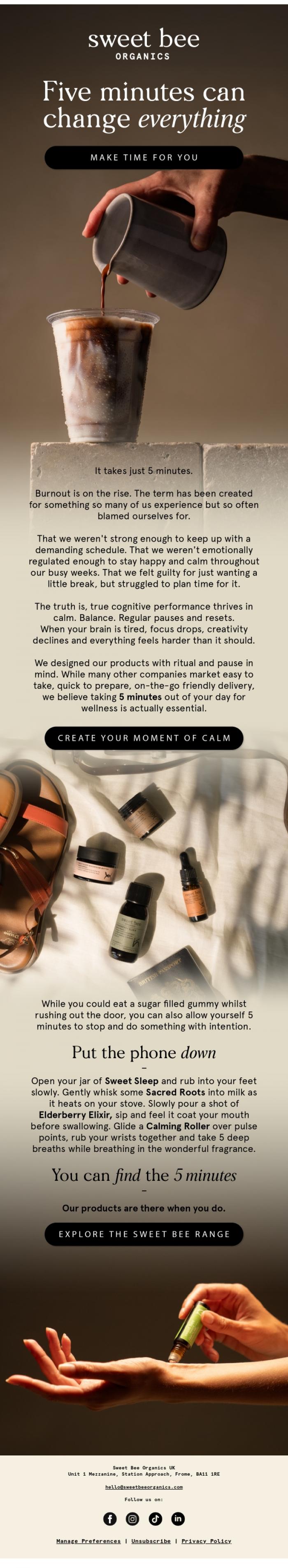 Email Design Inspiration from Sweet Bee Organics, Give yourself 5 minutes today