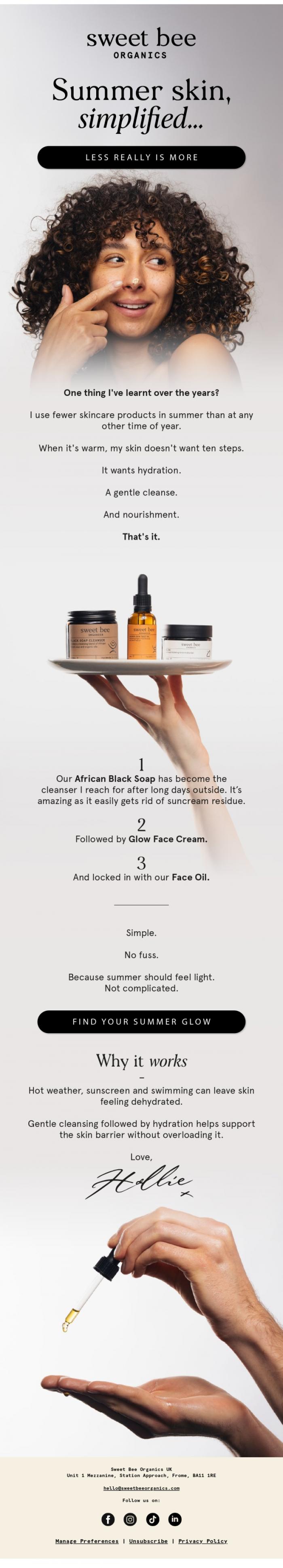 Email Design Inspiration from Sweet Bee Organics, My skin needs less in summer, not more