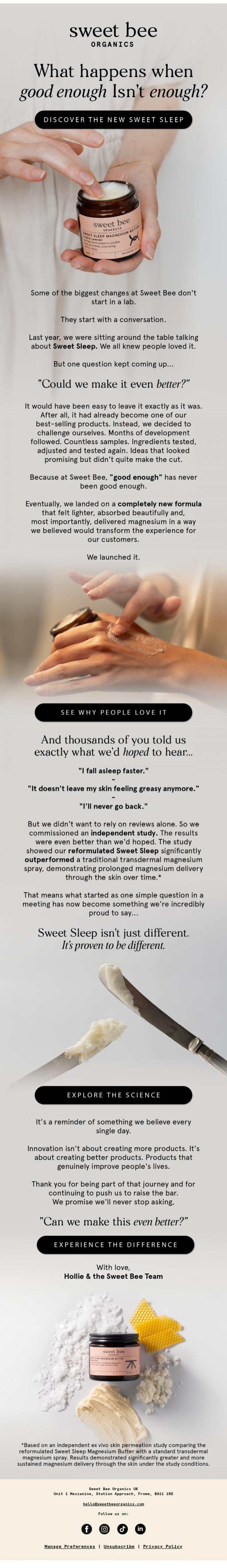 Email Design Inspiration from Sweet Bee Organics, The conversation that changed Sweet Sleep forever