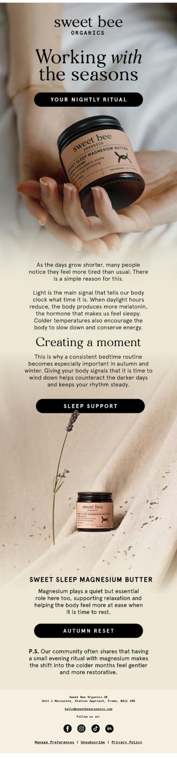 Email Design Inspiration from Sweet Bee Organics, Why you feel sleepier in autumn and winter